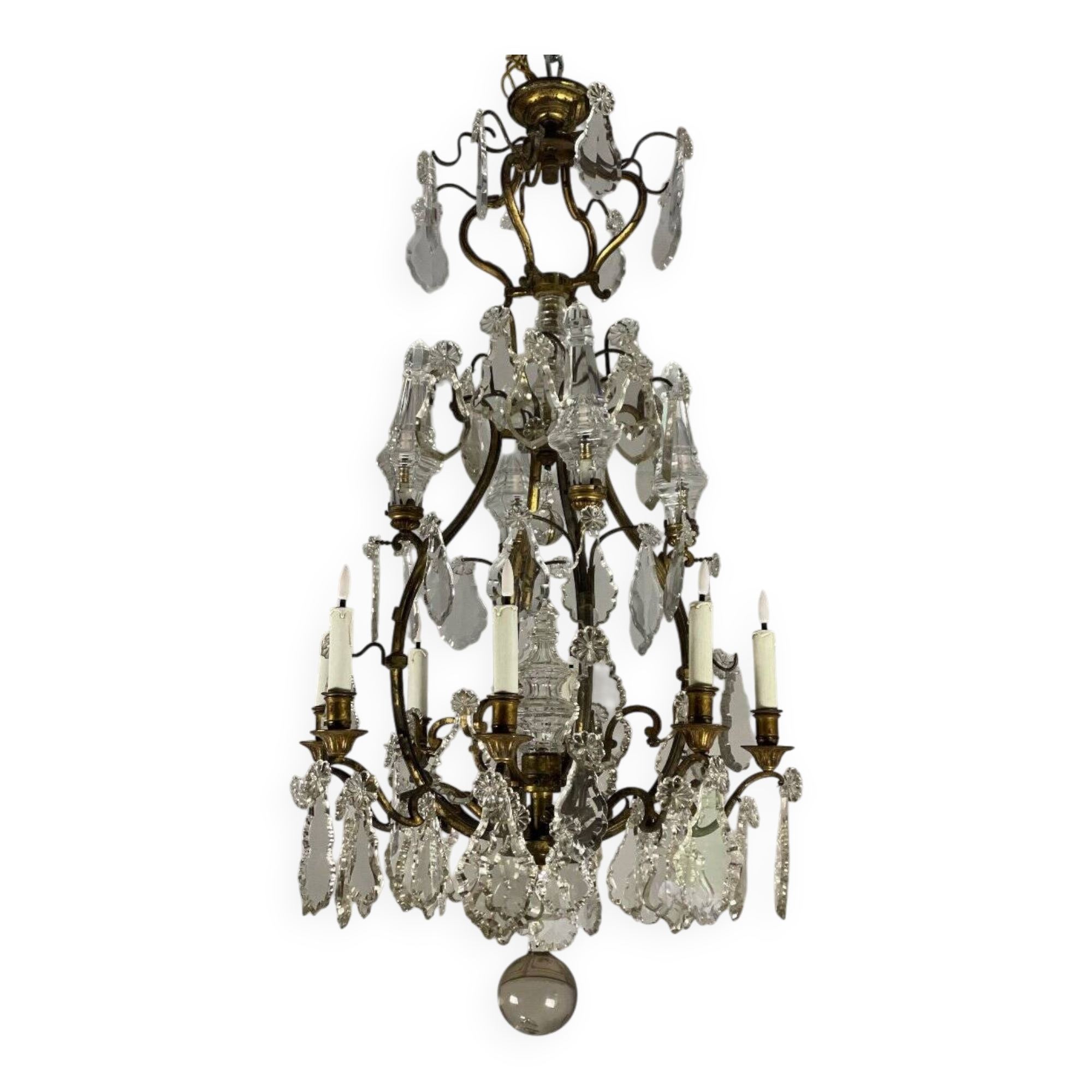 Bronze cage chandelier adorned with cut crystal pendants, 12 lights