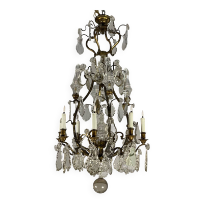 Lustre cage en bronze garni de pampilles de cristal taillé, 12 feux de lumière
