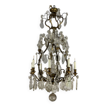 Bronze cage chandelier adorned with cut crystal pendants, 12 lights