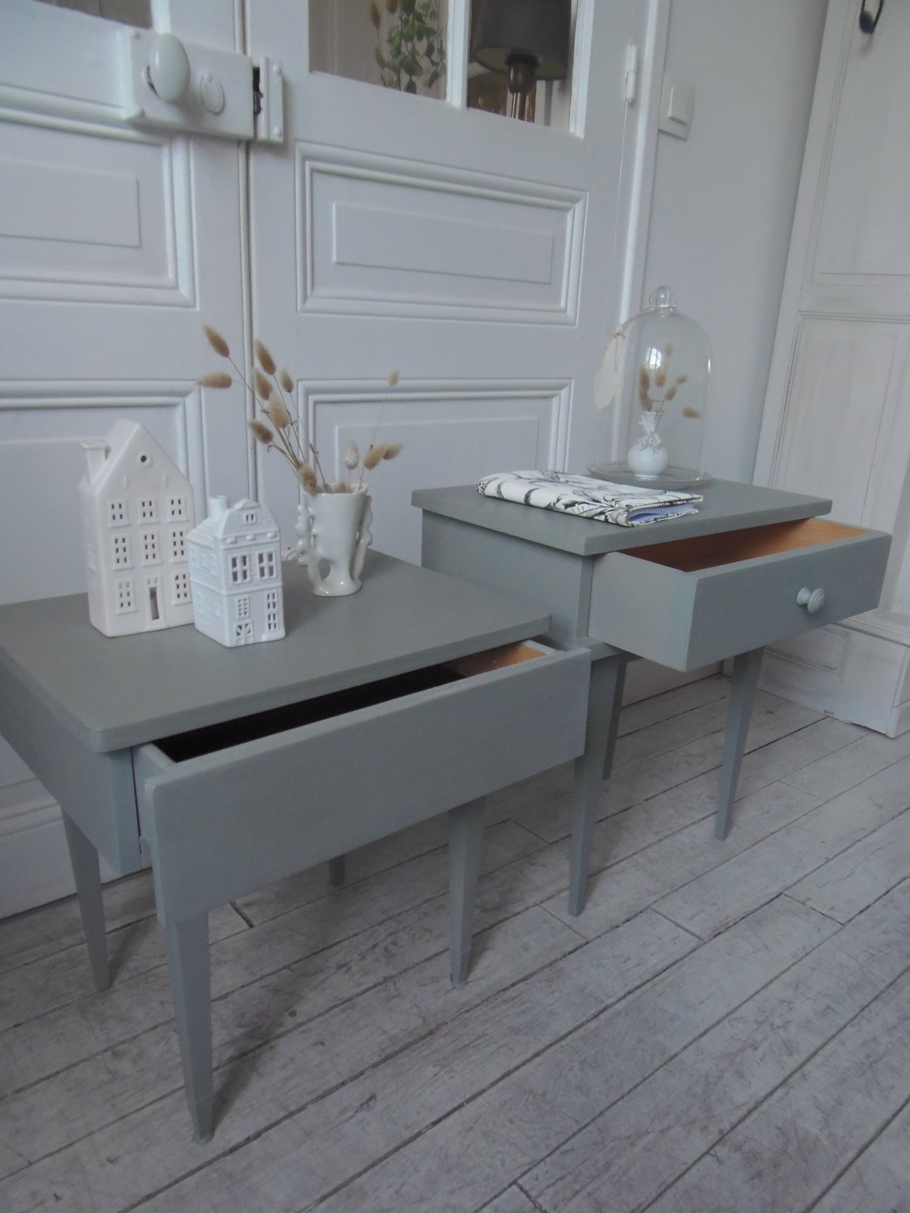 Duo of bedside tables, vintage mismatched verdigris end tables.