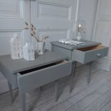 Duo of bedside tables, vintage mismatched verdigris end tables.