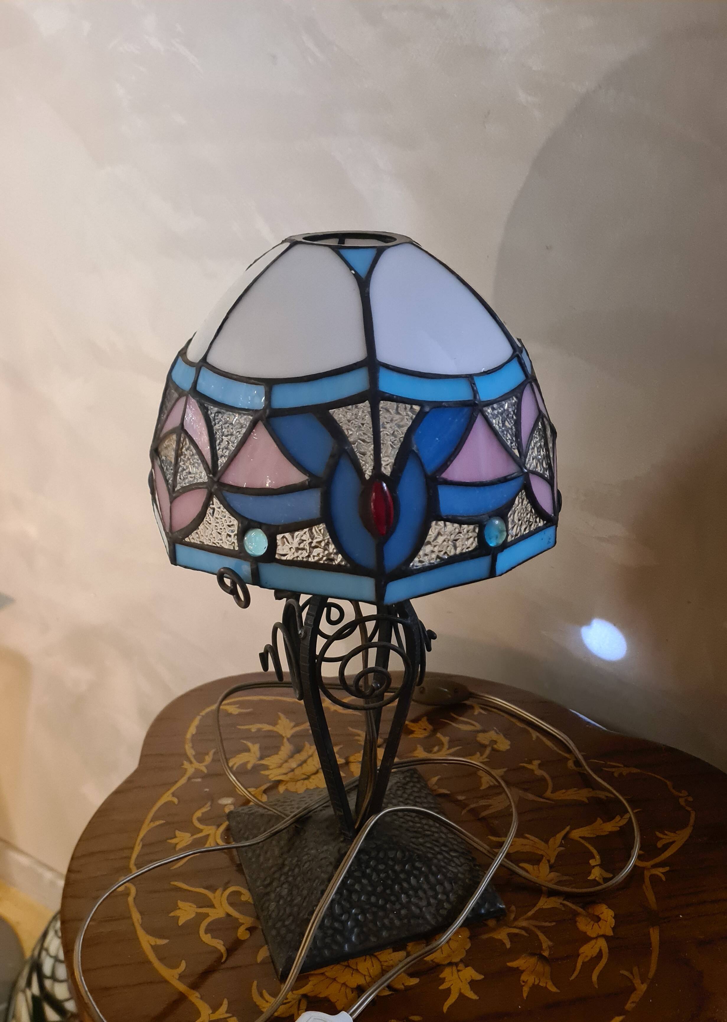antique wrought iron lamp, 1900 to 1930 with stained glass lampshade soldered with lead