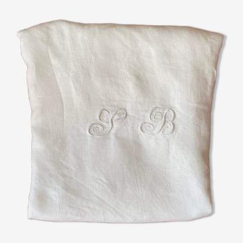 Nappe ancienne en coton blanc et monogramme