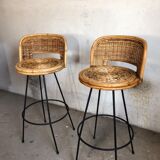Set of 2 stools swivel rattan 60s