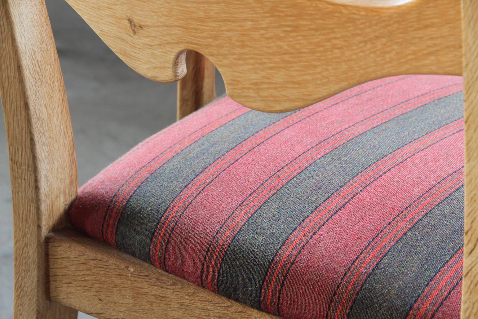 Vintage Brutalist Oak Razorblade Red Striped Armchair by H. Kjærnulf, 1960s