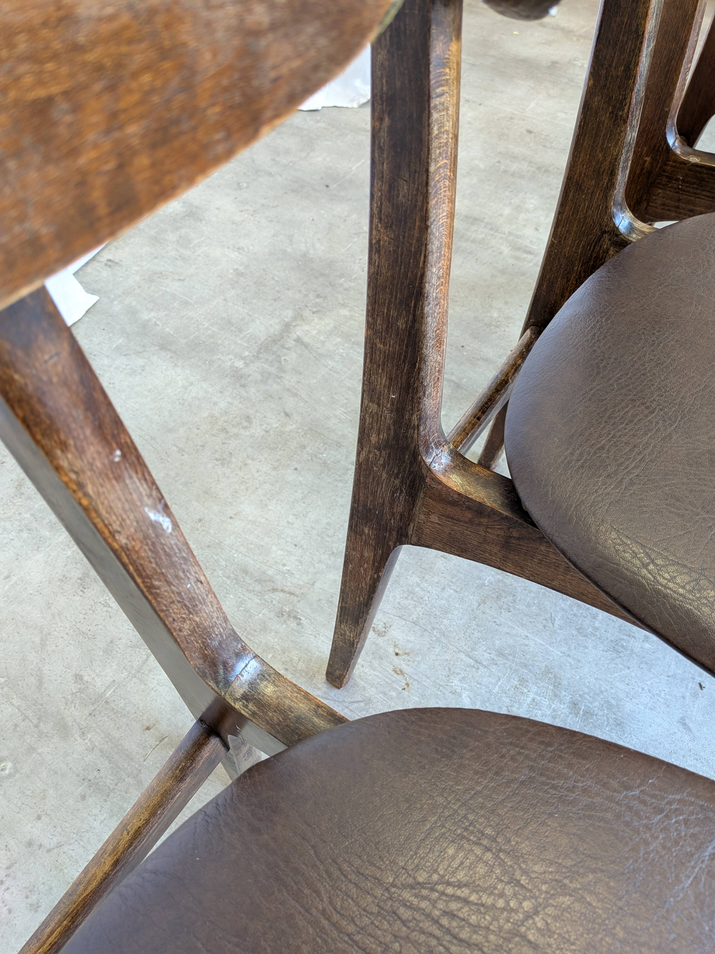 Set of 3 Vintage Wooden Dining Chairs with Brown Leather Seats / Mid-Centur