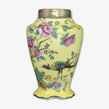 Vase ancien en céramique jaune à décor de fleurs et d'un faisan