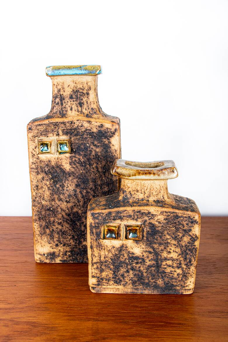 Two Swedish Vases, brutalist, stoneware and glazed collar, Curt Magnus Addin.