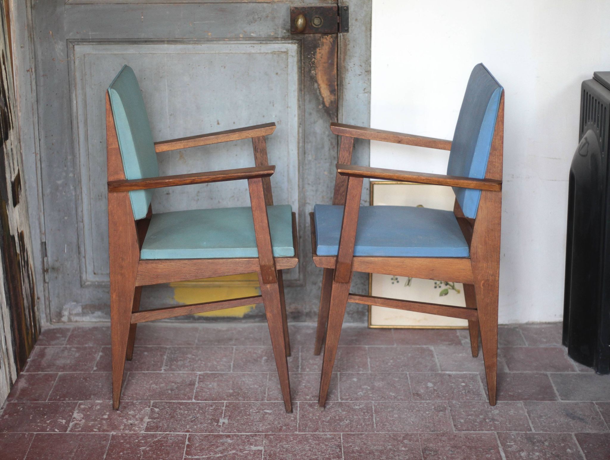 Pair of wooden bridge armchairs from the 1950s, vintage chairs.