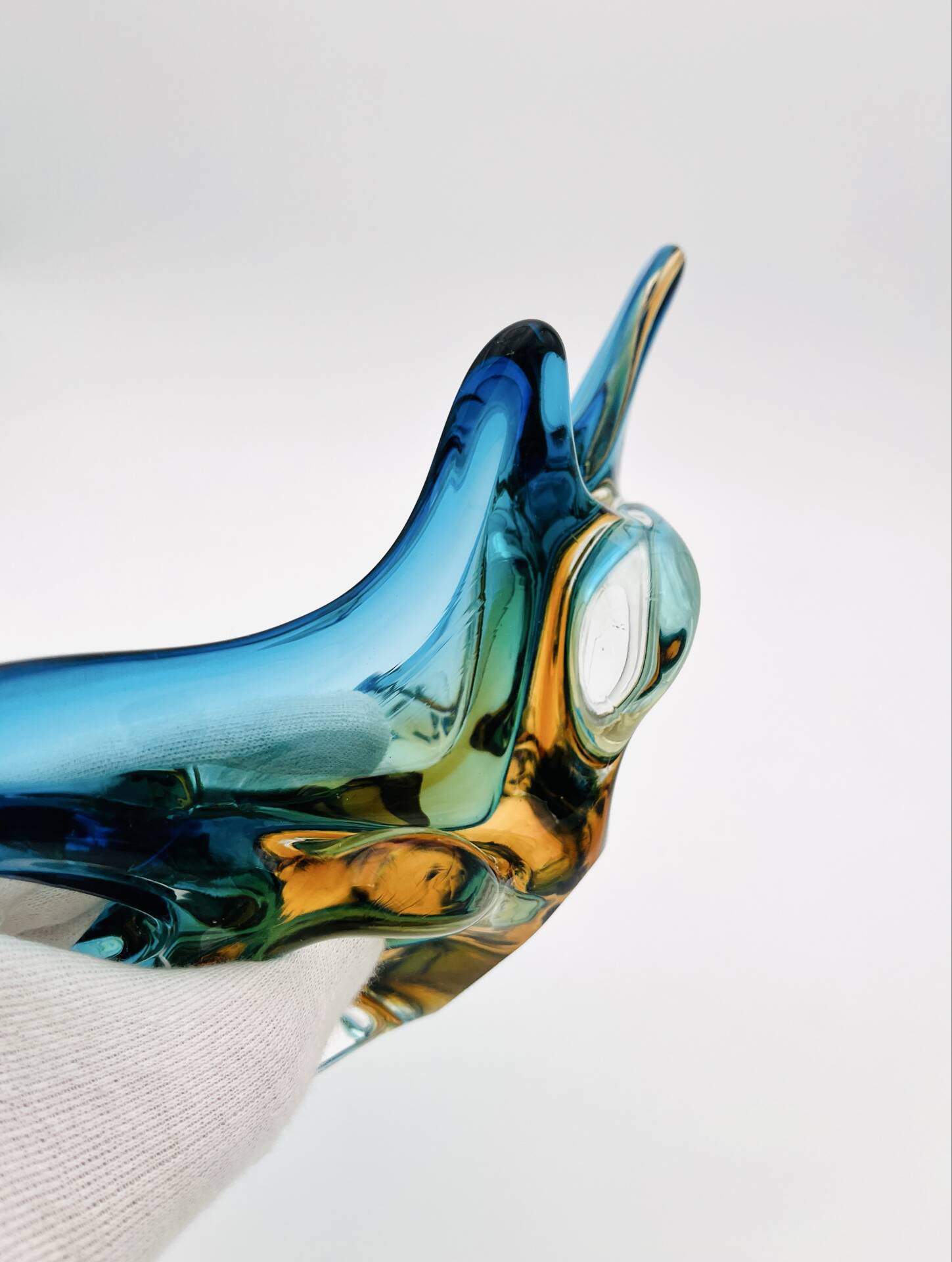 Murano Sommerso Blue Amber Sculpture Bowl 23cm
