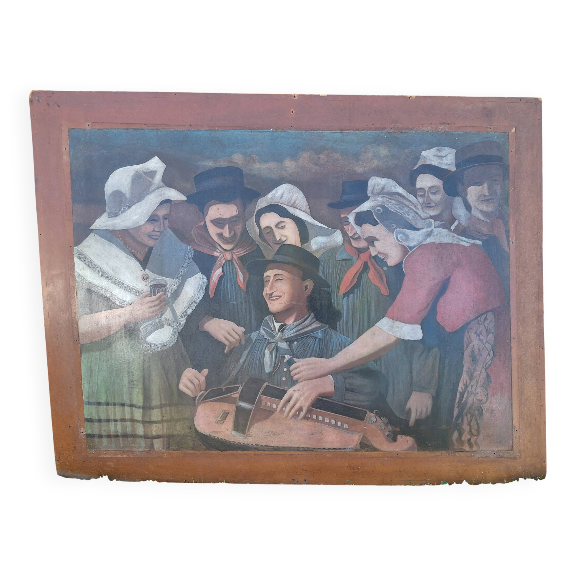 Very Large Oil on Panel Hurdy-Gurdy Player Corrèze Auvergne