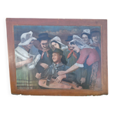 Very Large Oil on Panel Hurdy-Gurdy Player Corrèze Auvergne