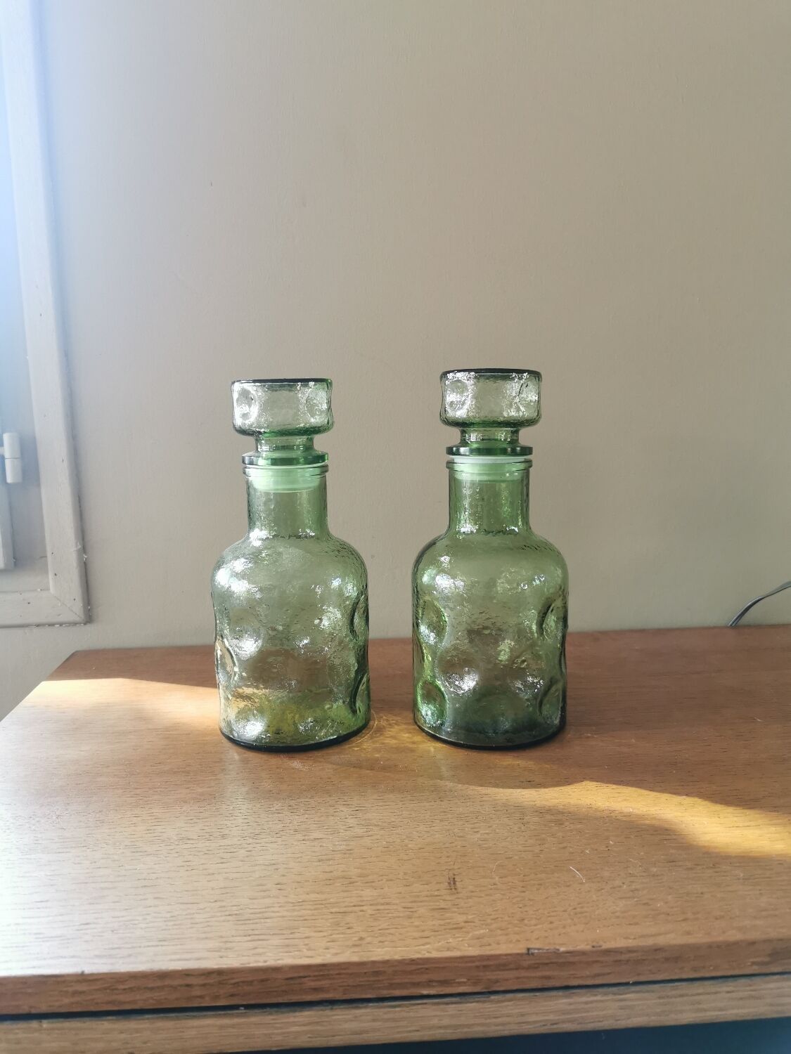 Pair of vintage 70s grainy glass carafes