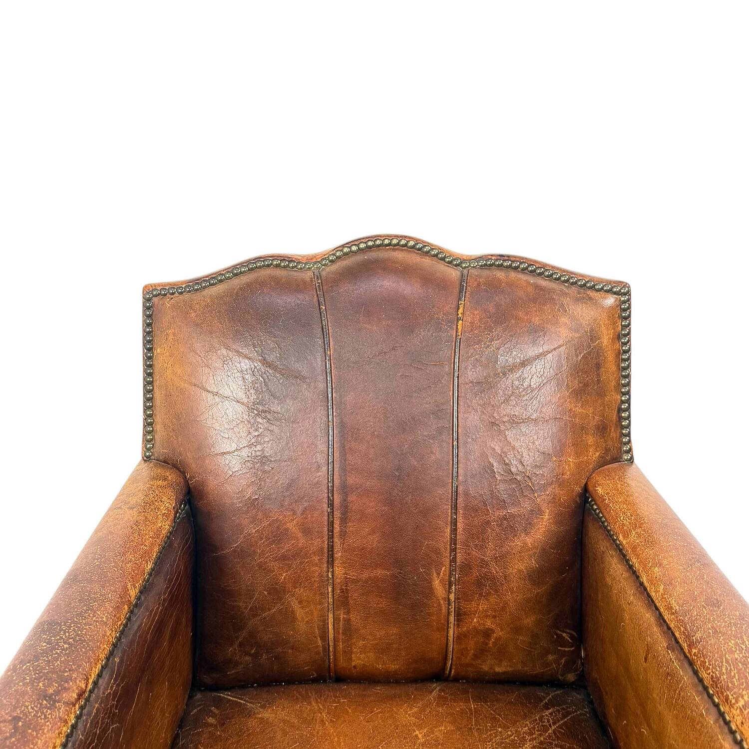 Fauteuil Moustache Français Antique – Fauteuil Club en Cuir Cognac – Début du 20ème siècle