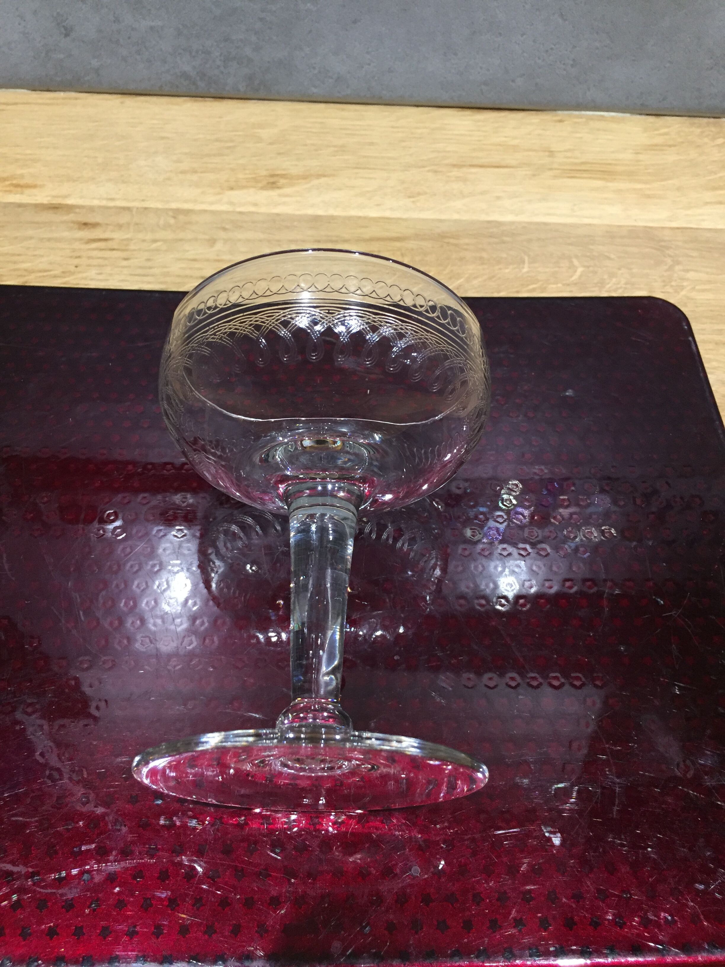 Series of 5 old and engraved champagne glasses