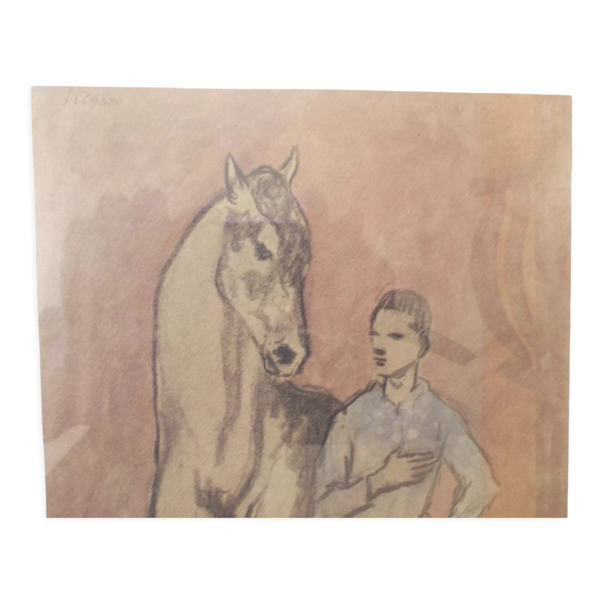 Lithograph after Picasso young man and horse, glass frame after gouache 1906 painter spain