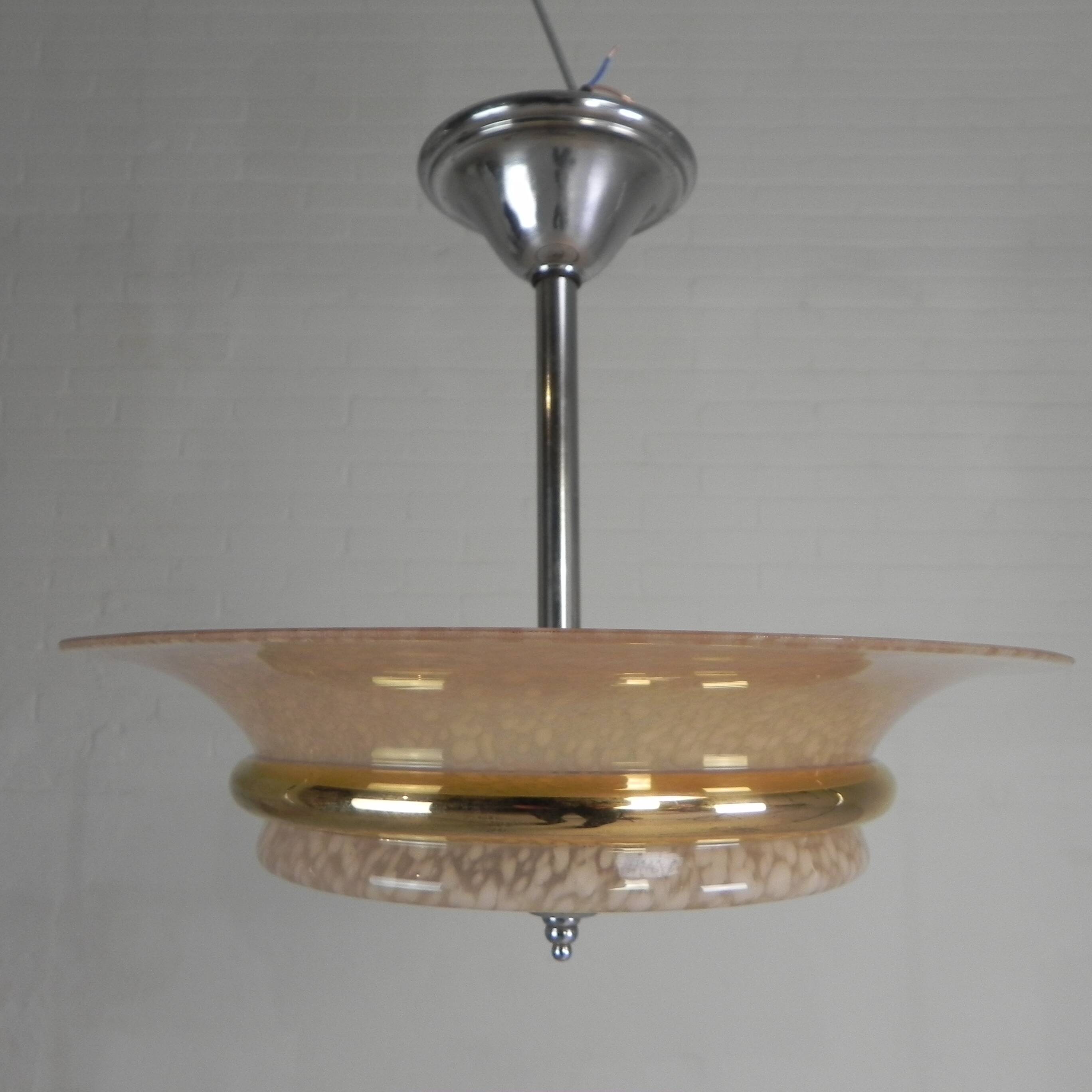 Art Deco suspension with cloudy glass shade and gold band, 1930s