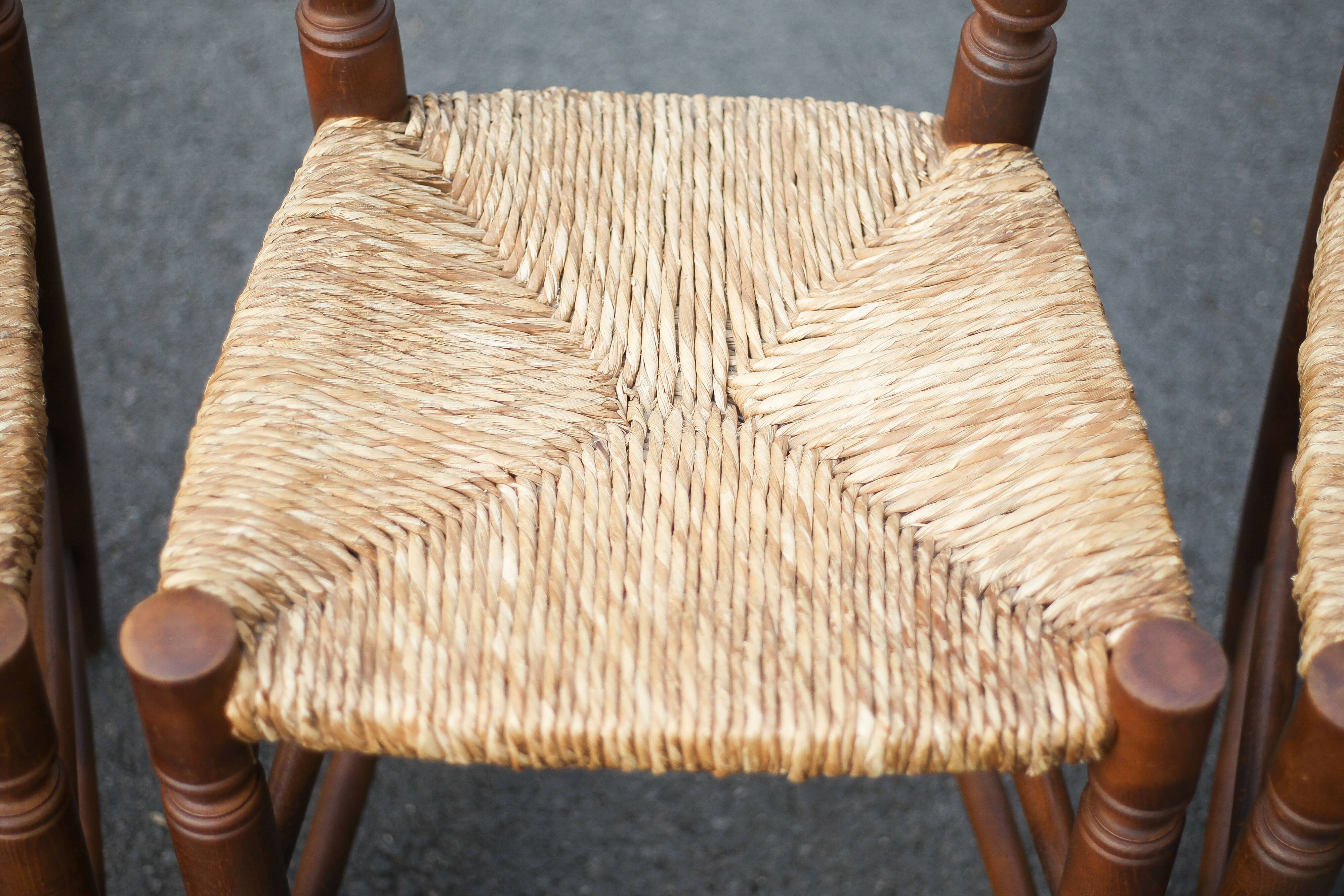 Set of 5 vintage wooden and straw chairs, straw chair, countryside