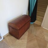 Vintage storage chest - curved - woven rattan - 1970s - mahogany colour