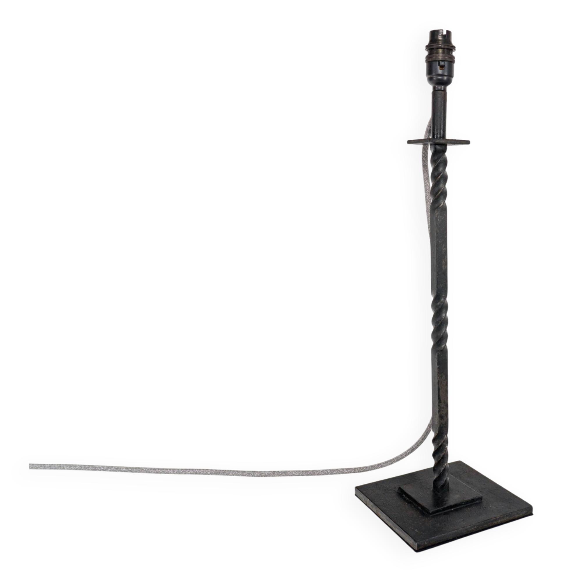 Vintage 1950s French Tall Black Twisted Wrought Iron Table Lamp