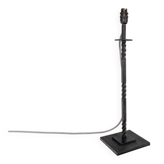 Vintage 1950s French Tall Black Twisted Wrought Iron Table Lamp