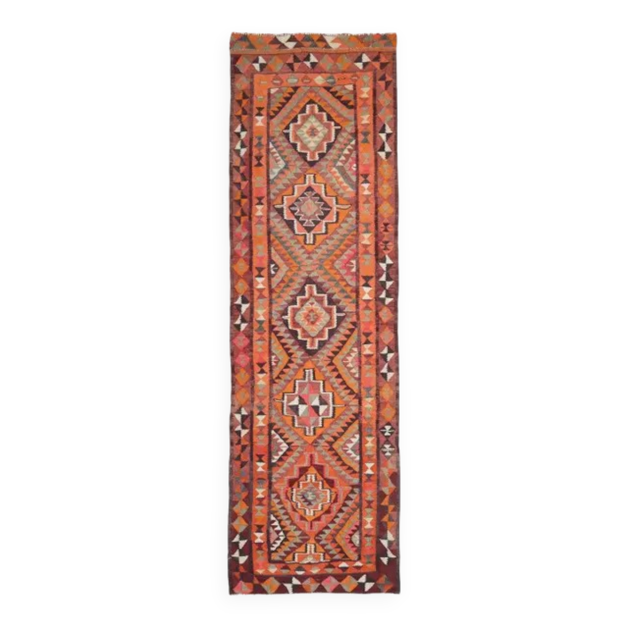 Tapis coureur vintage turc en laine et coton noué à la main des années 1970, 96x322.