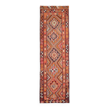 Tapis coureur vintage turc en laine et coton noué à la main des années 1970, 96x322.