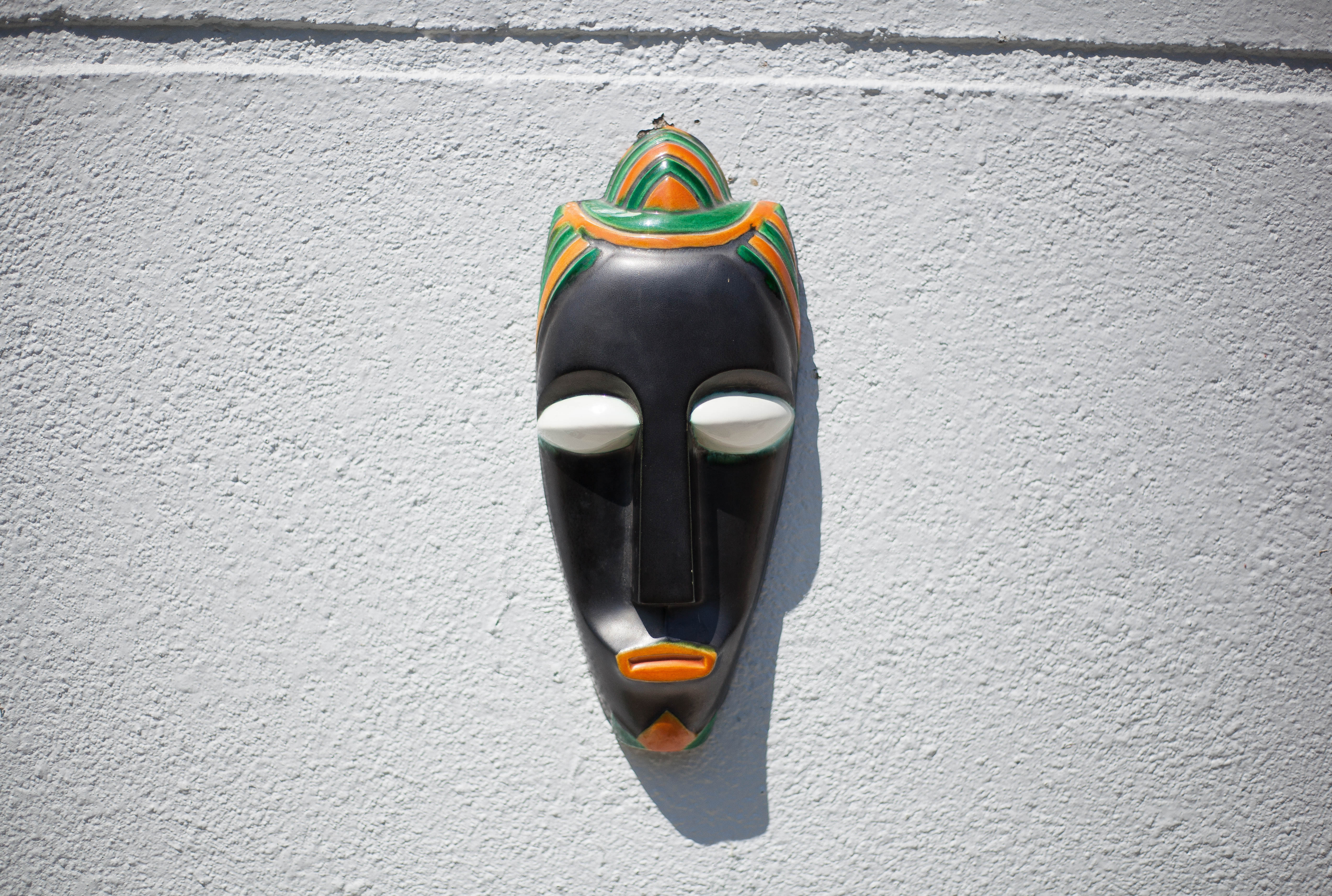 African polychrome faience mask from the Claude Tabet workshop, wall decoration, 50/60's