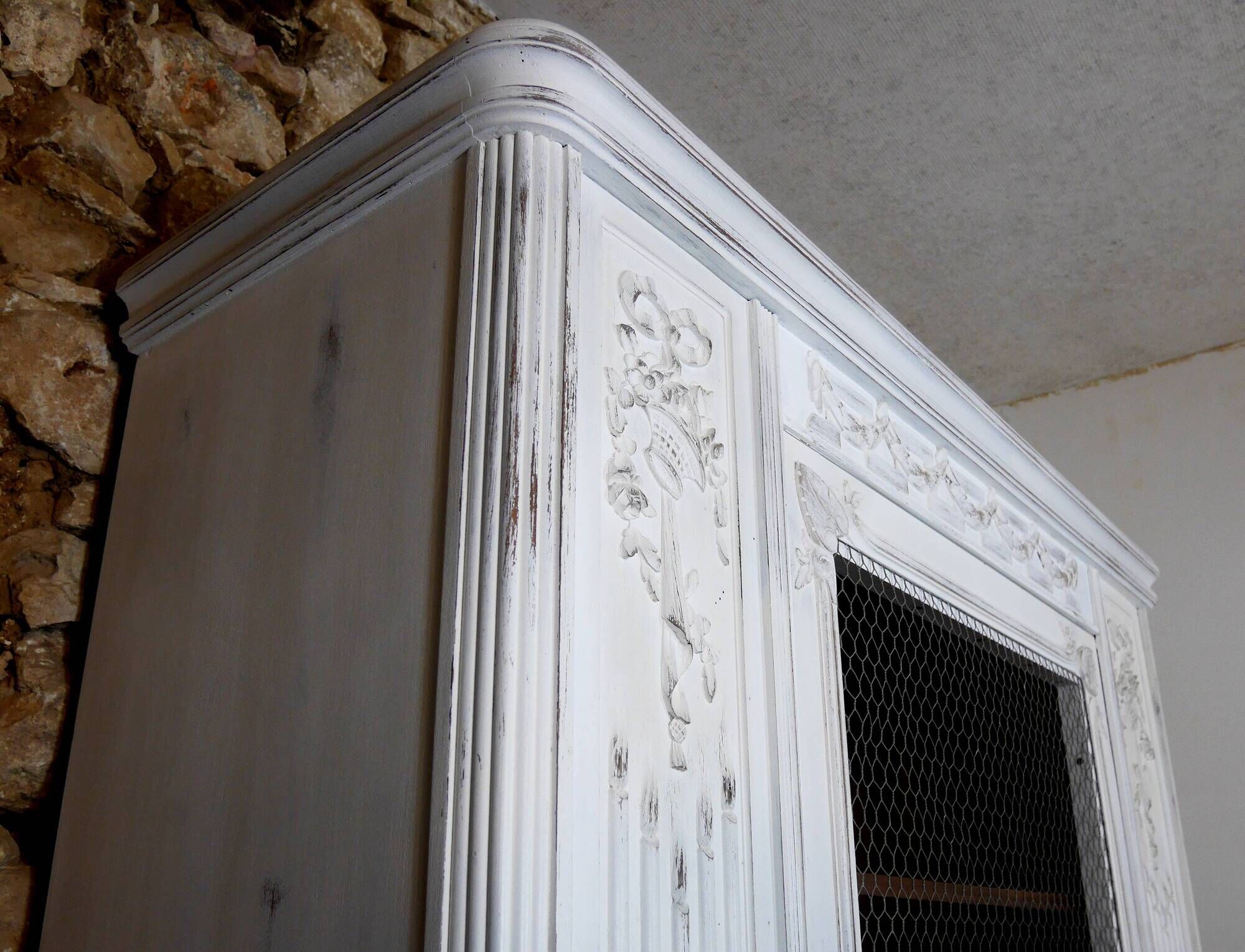 shabby wardrobe with Louis XVI style mesh door