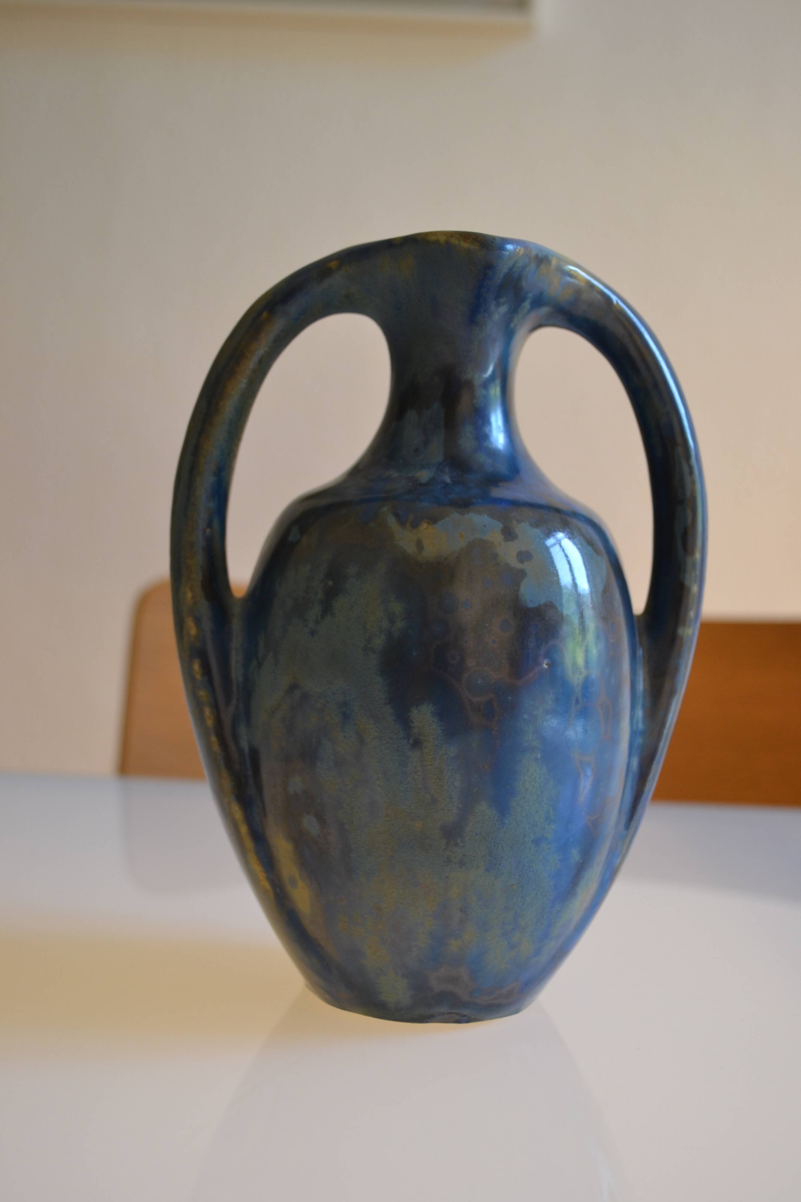 Iridescent Pierrefonds stoneware amphora vase, Art Deco, 1930, signed