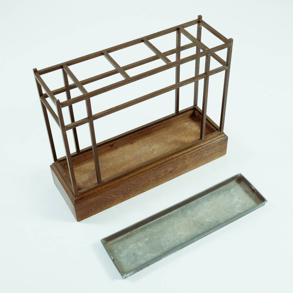 Art Deco Amsterdam School umbrella stand in bonze and oak, The Netherlands, 1920s