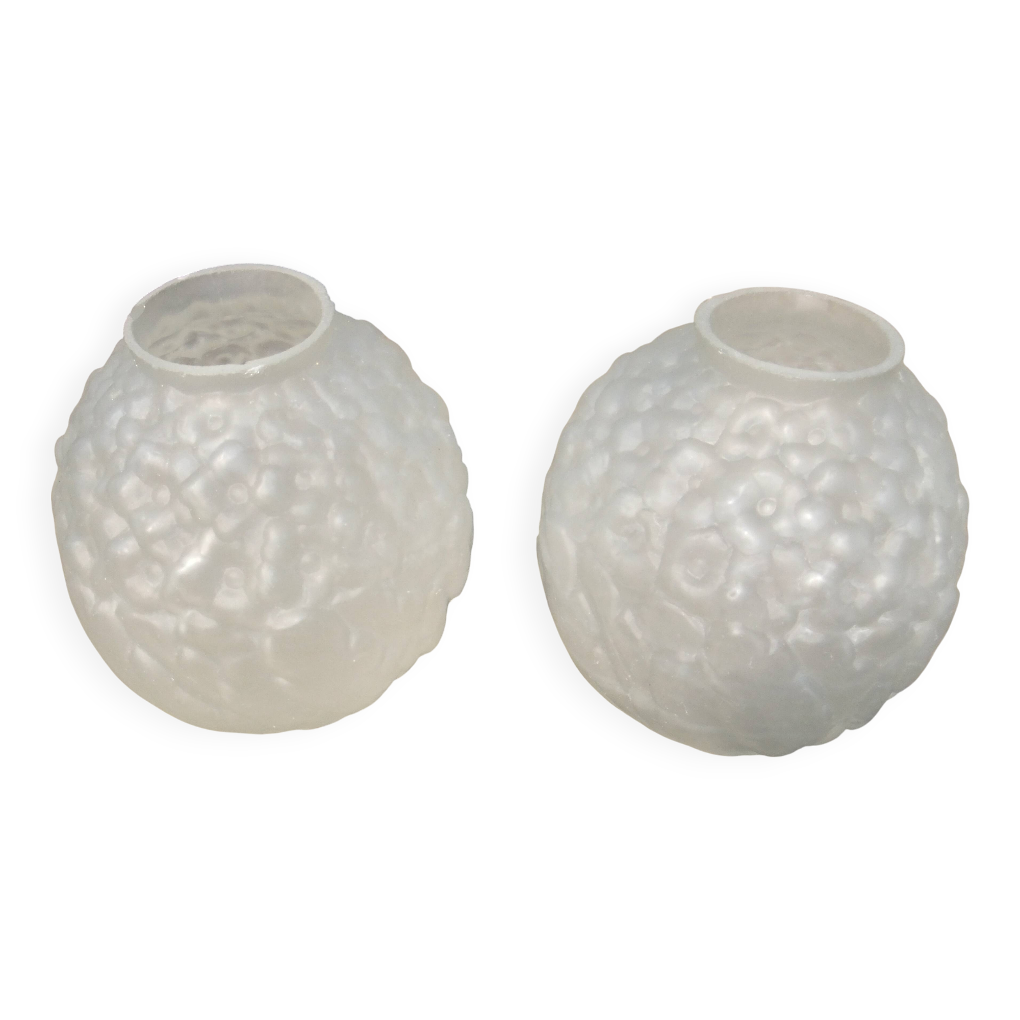 Art Deco ball vase pair with flower and leaf decor