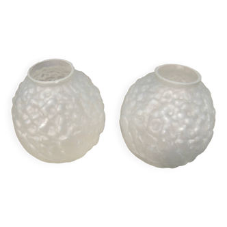 Art Deco ball vase pair with flower and leaf decor