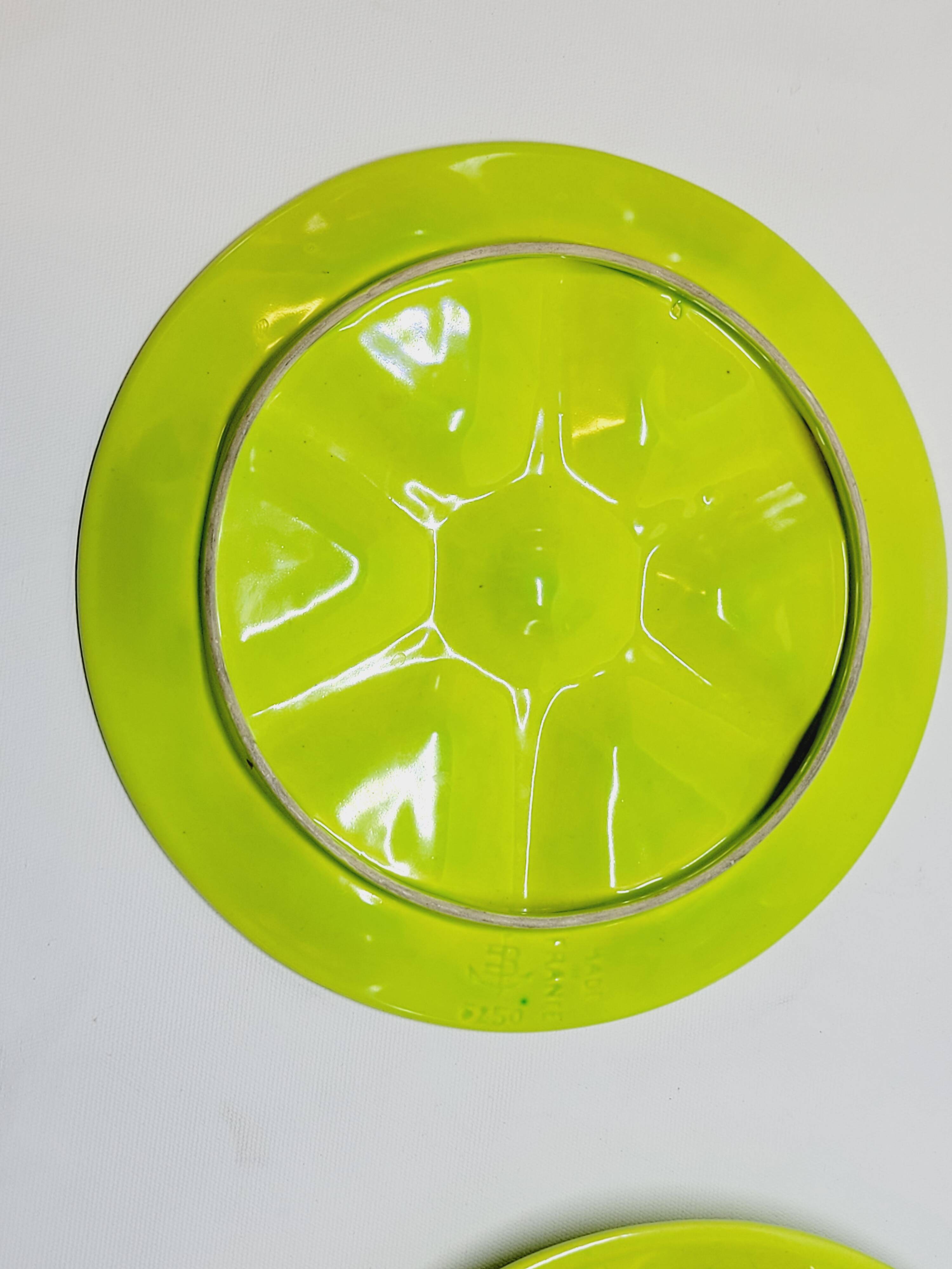 3 art deco oyster plates with green geometric decor