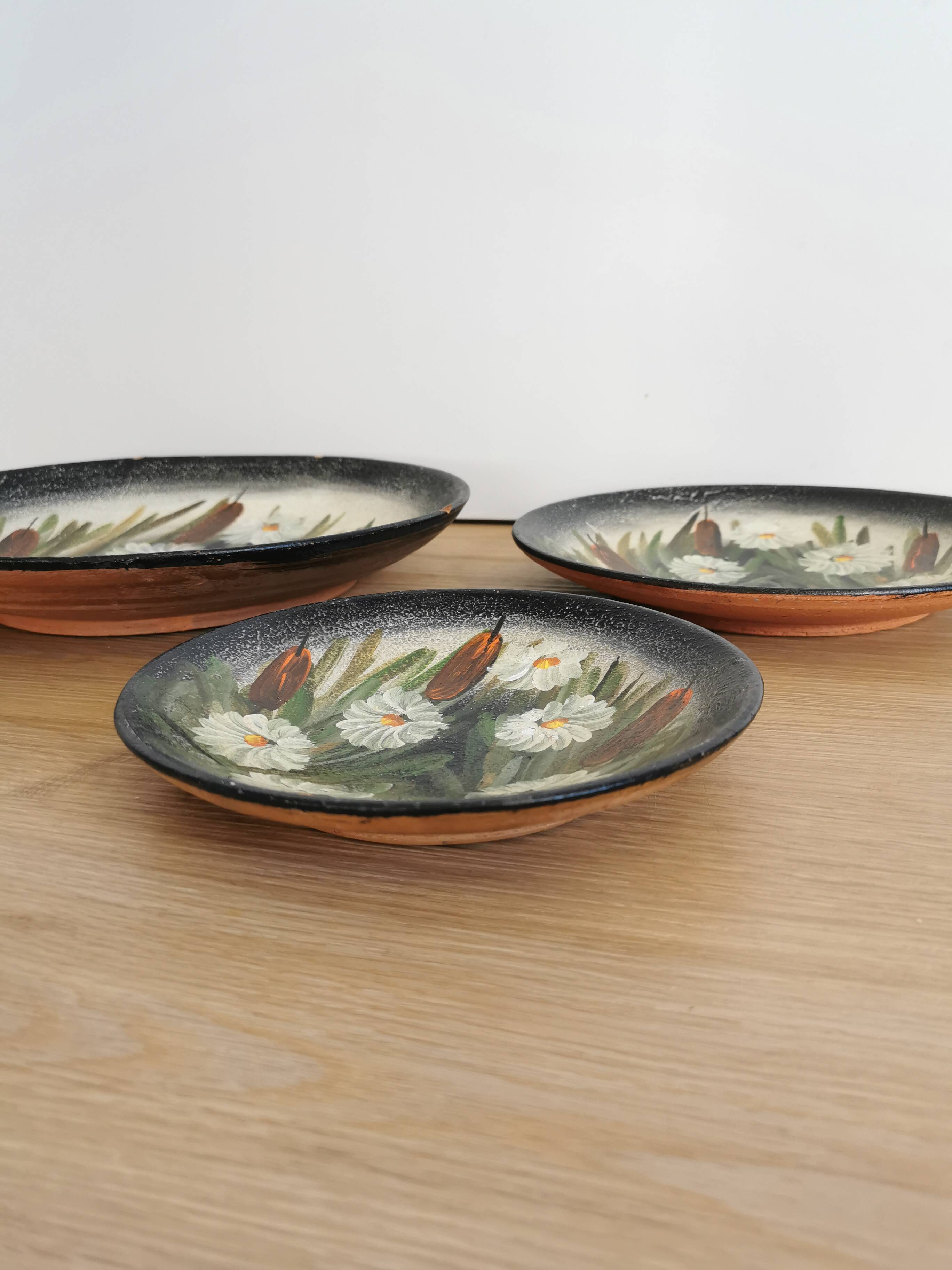 Vintage Hand-Painted Clay Plates: 1970s Yugoslavian Floral Wall Decor