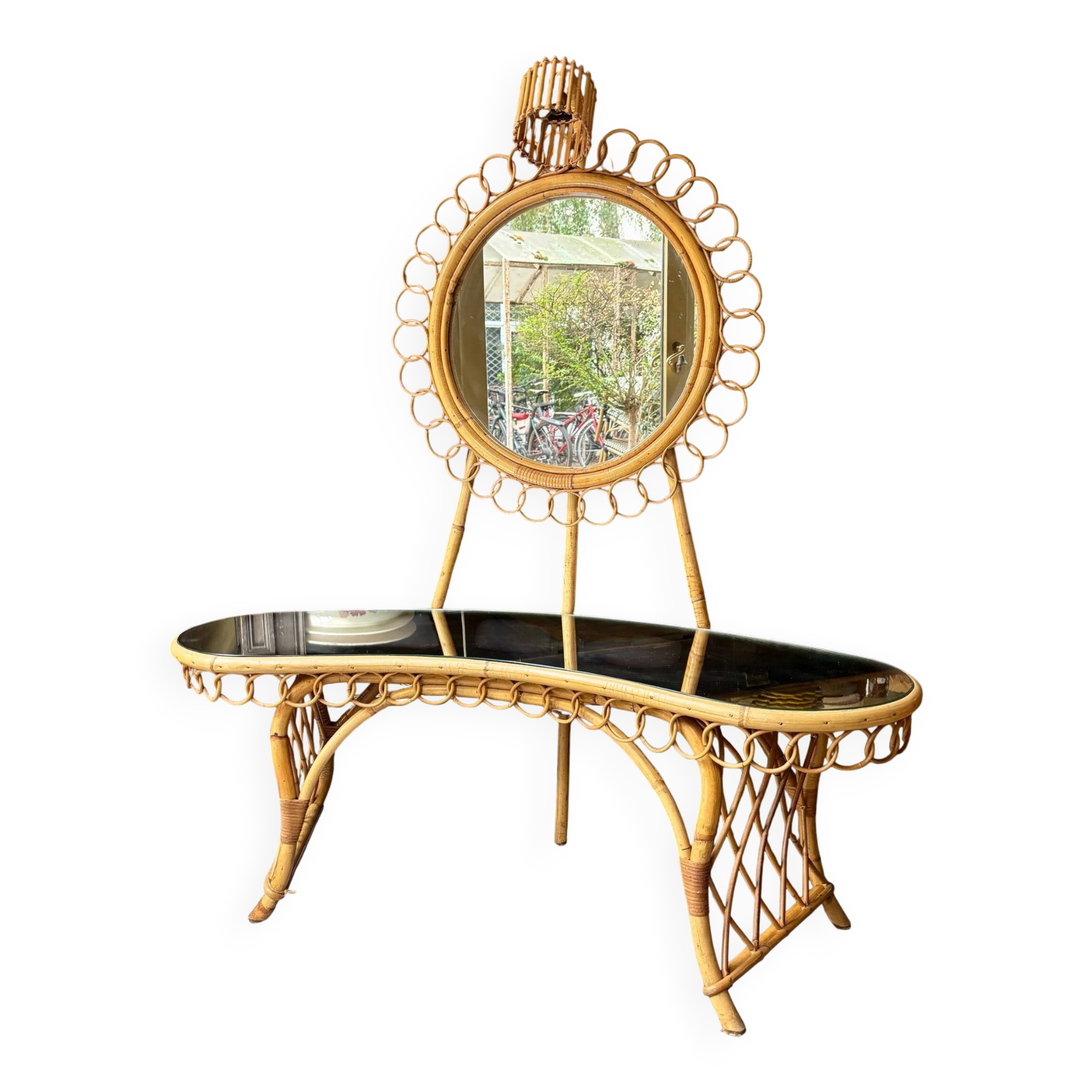 Bamboo, rattan and mirror dressing table with lighting in the style of Audoux-Minet, 1960s.