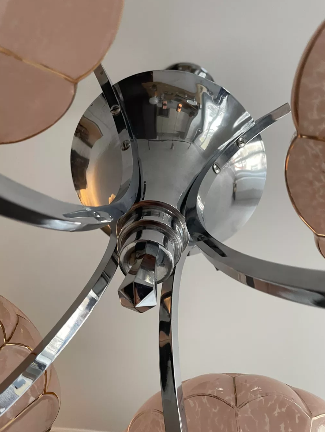 Vintage art deco chandelier, chrome and pink glass, vintage 1930