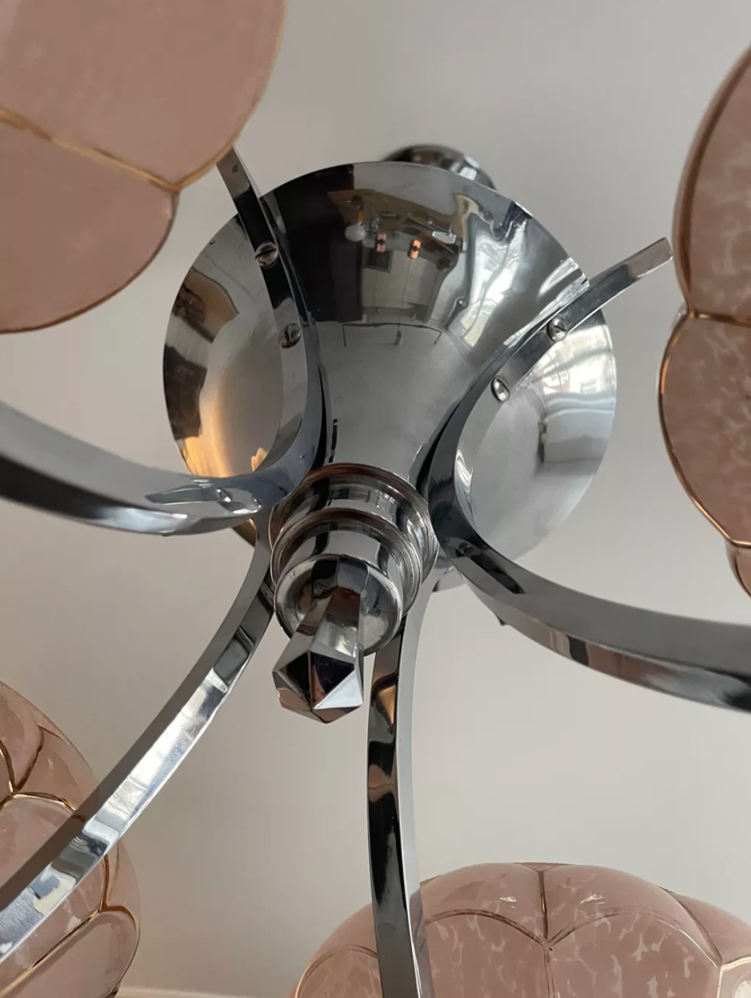 Vintage art deco chandelier, chrome and pink glass, vintage 1930