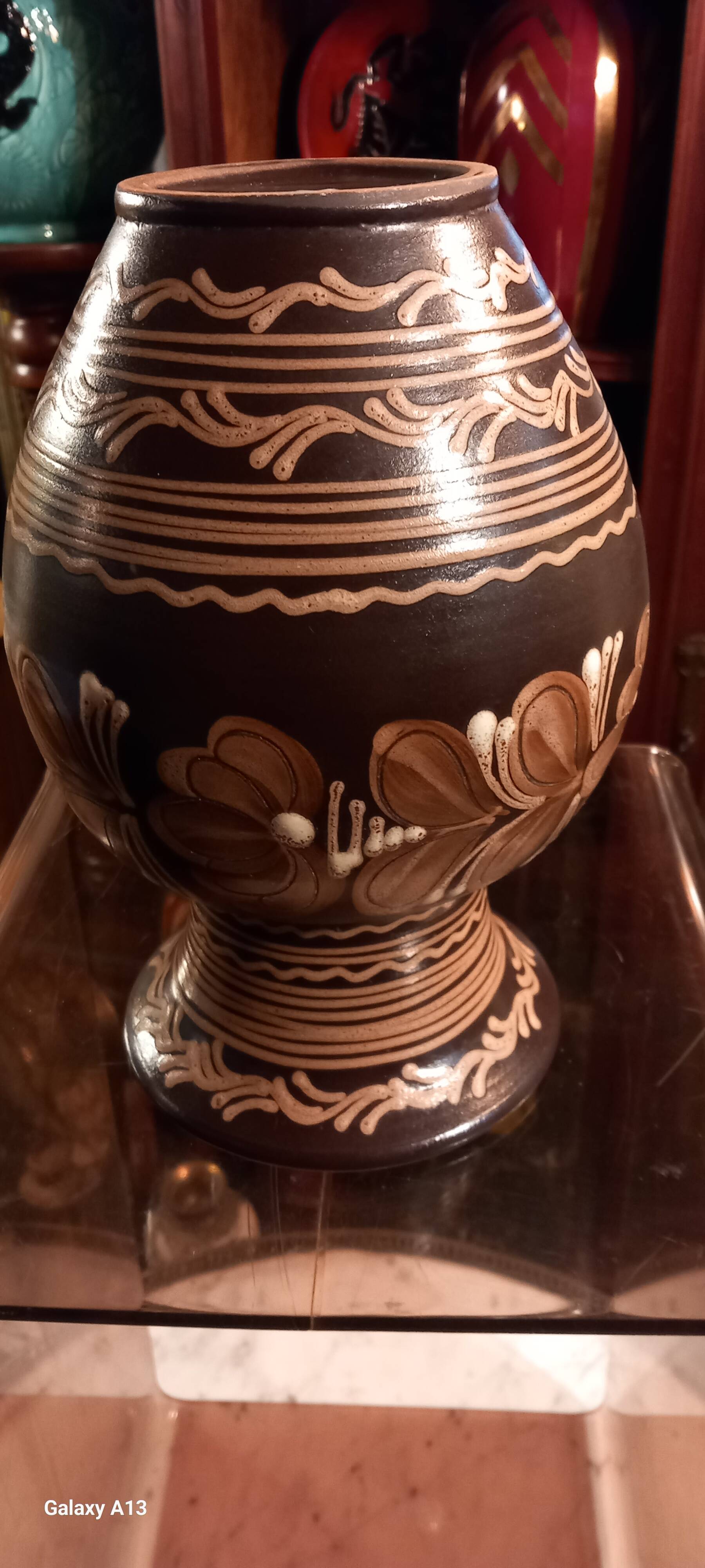 Hungarian pottery vase floral decor brown tone signed mhv