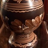 Hungarian pottery vase floral decor brown tone signed mhv