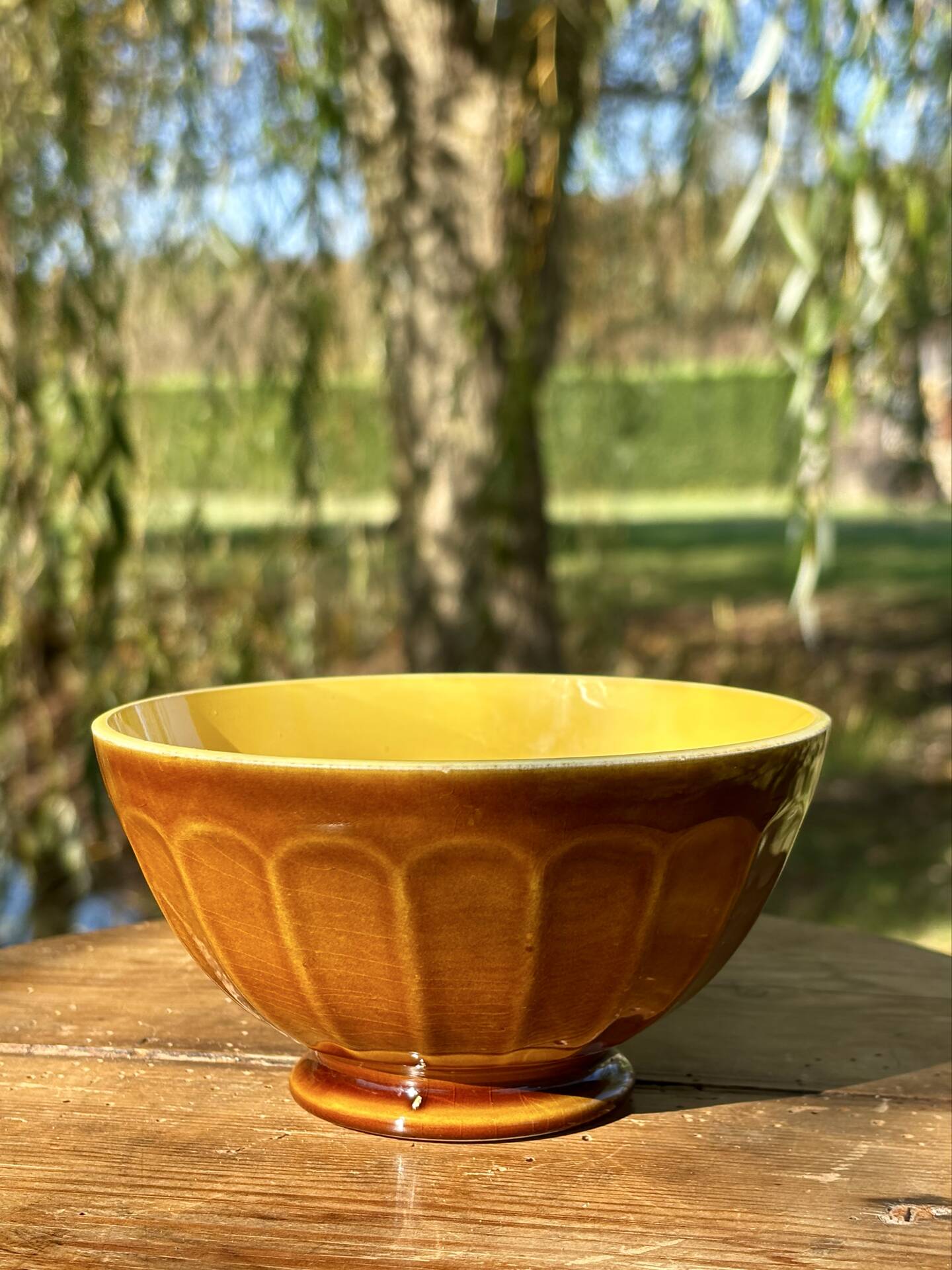 Bol ancien bicolore marron et jaune faïence Digoin Sarreguemines