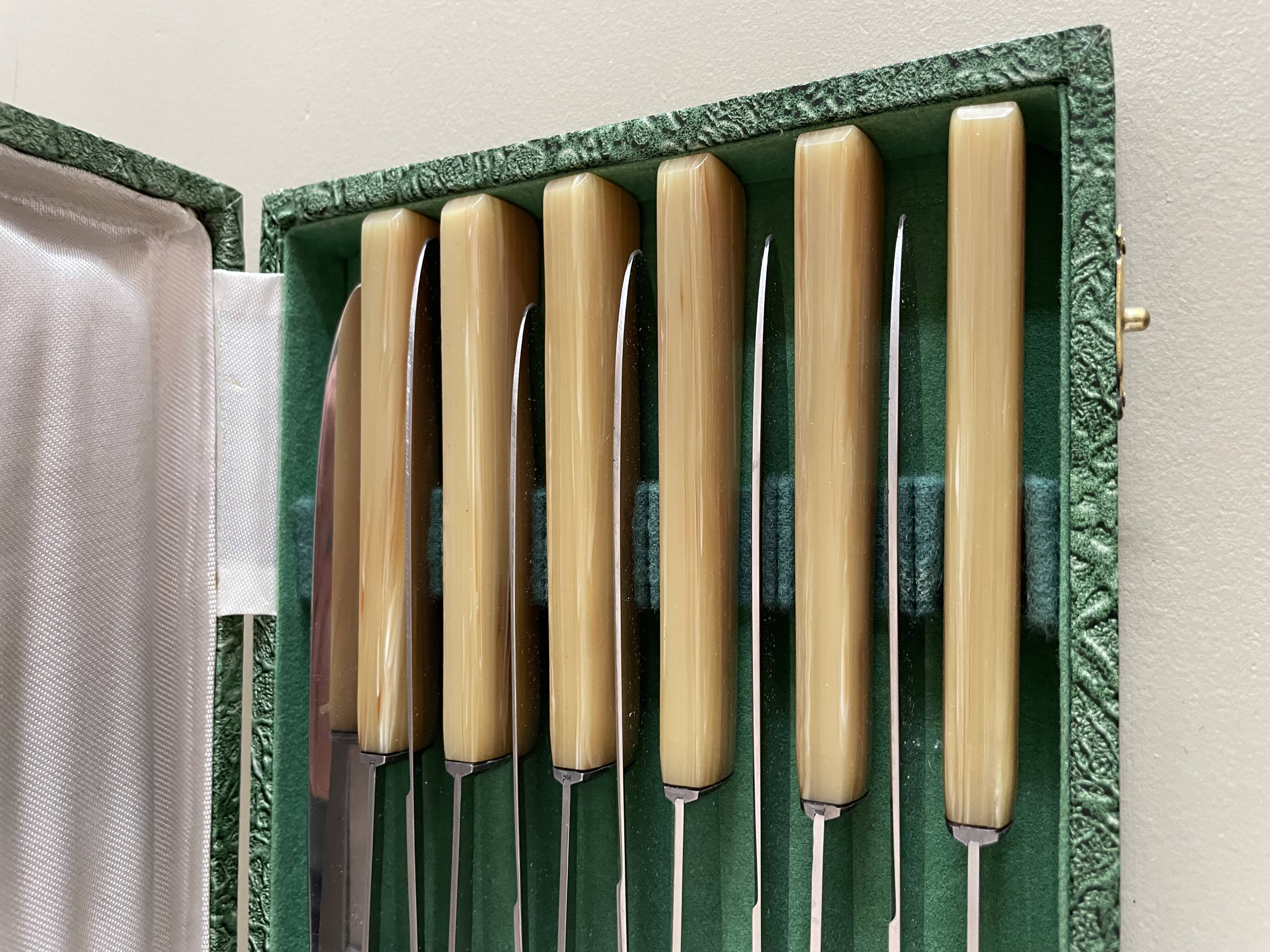 Set of 12 antique knives in green case