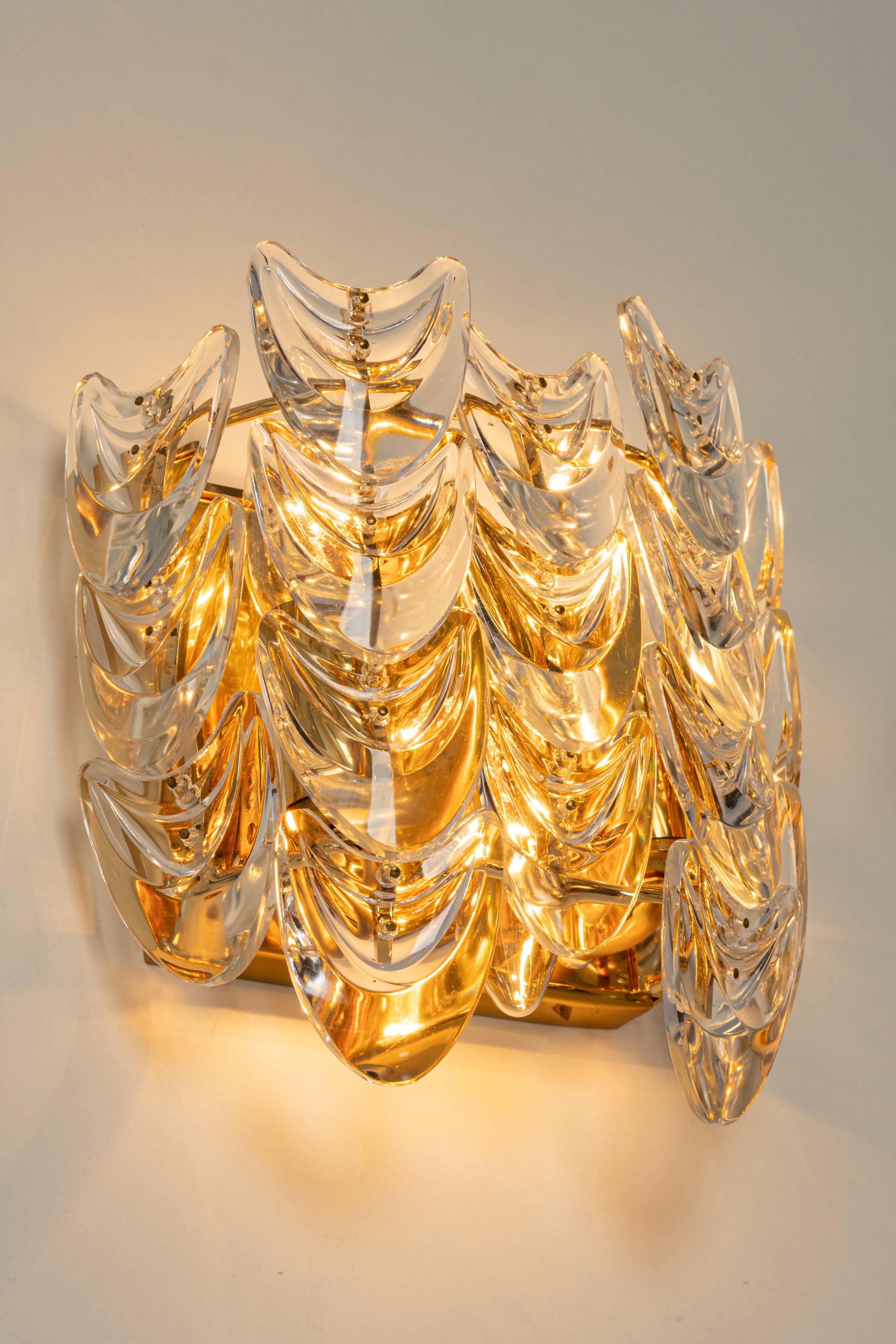 Pair of wall sconces in gilded brass and crystal, Sciolari design, Palwa, Germany, 1960s.