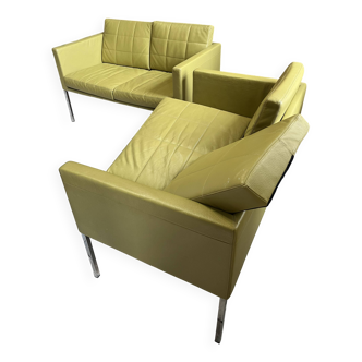 Set of 2 anise green leather benches from the Italian brand Matteo Grassi