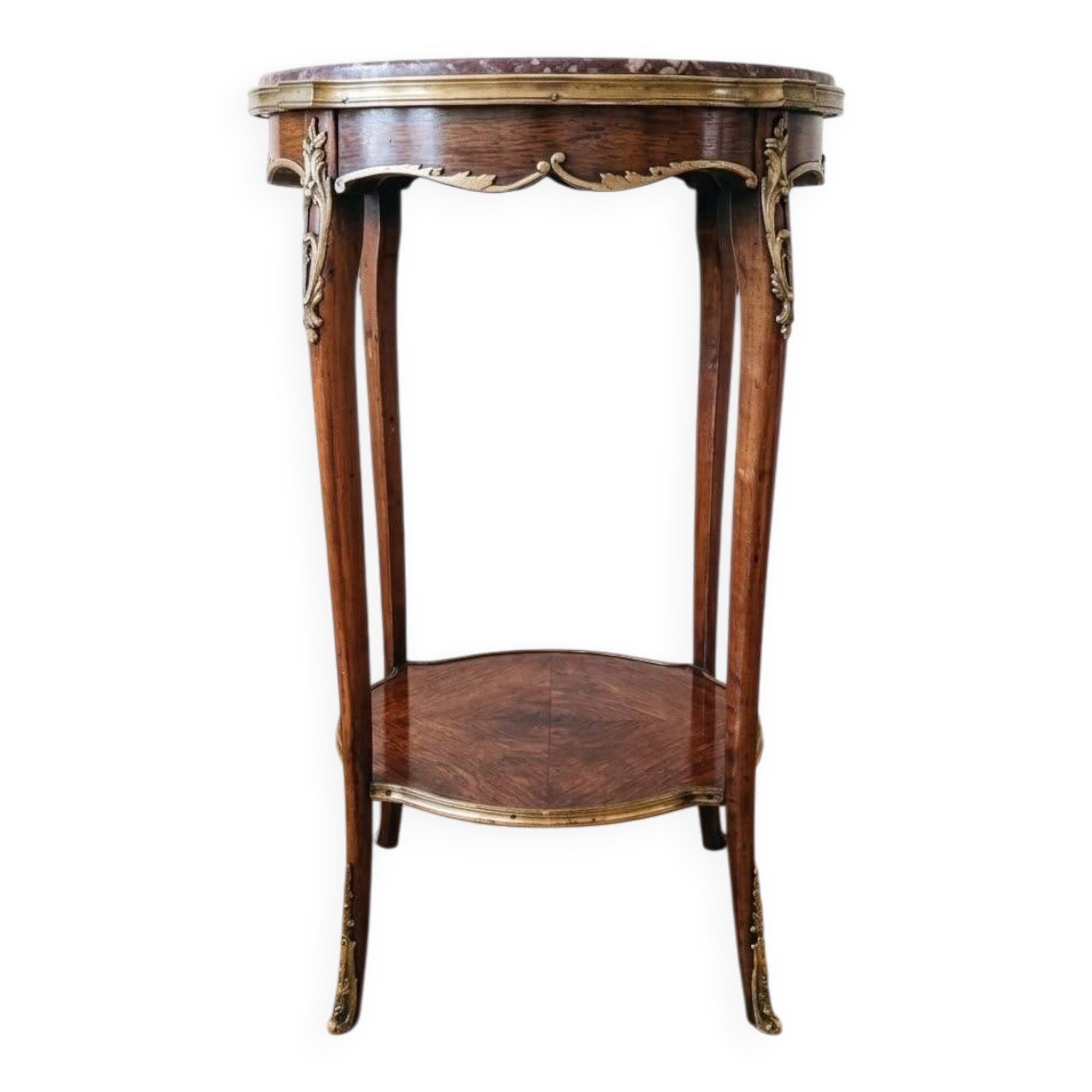 Guéridon Restauré De Style Louis XV Marbre Bronzes Ciselés & Marqueterie