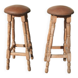 Paire de tabourets de bar, bois et simili cuir