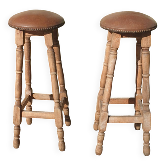 Pair of bar stools, wood and faux leather