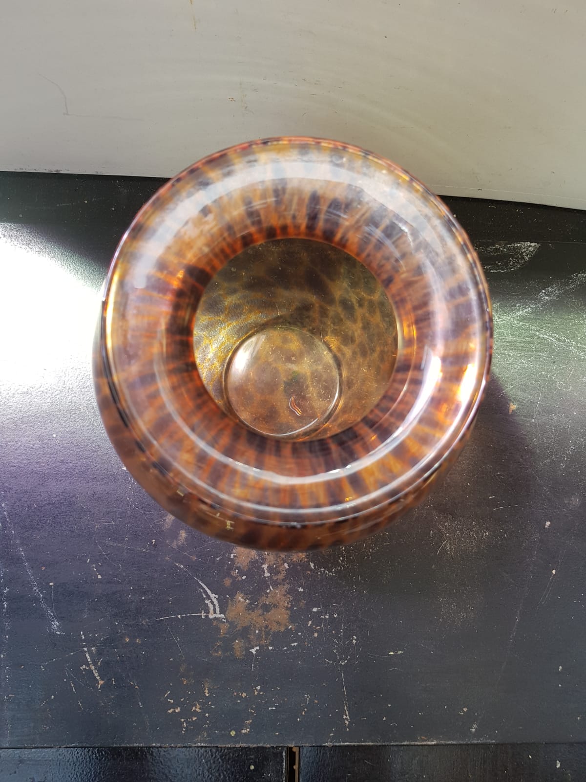 Old multilayer glass vase spotted orange brown vintage