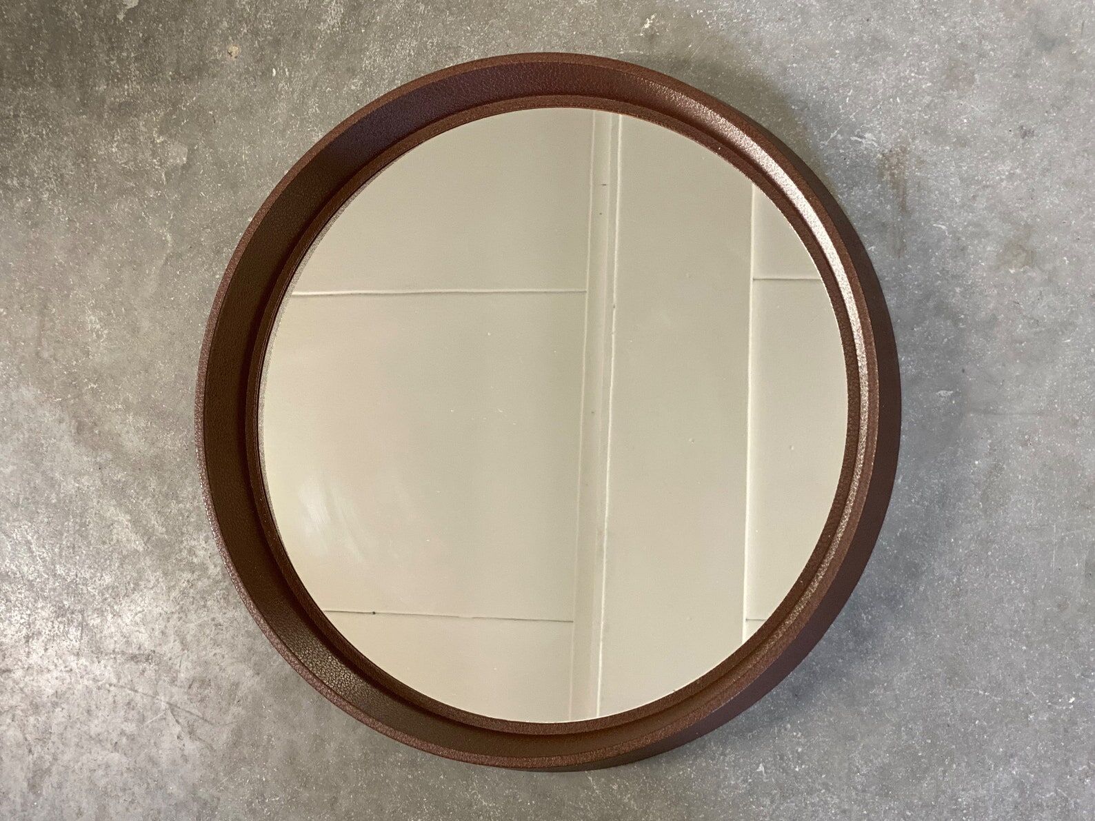 Space Age brown plastic round mirror, plastic design wall mirror