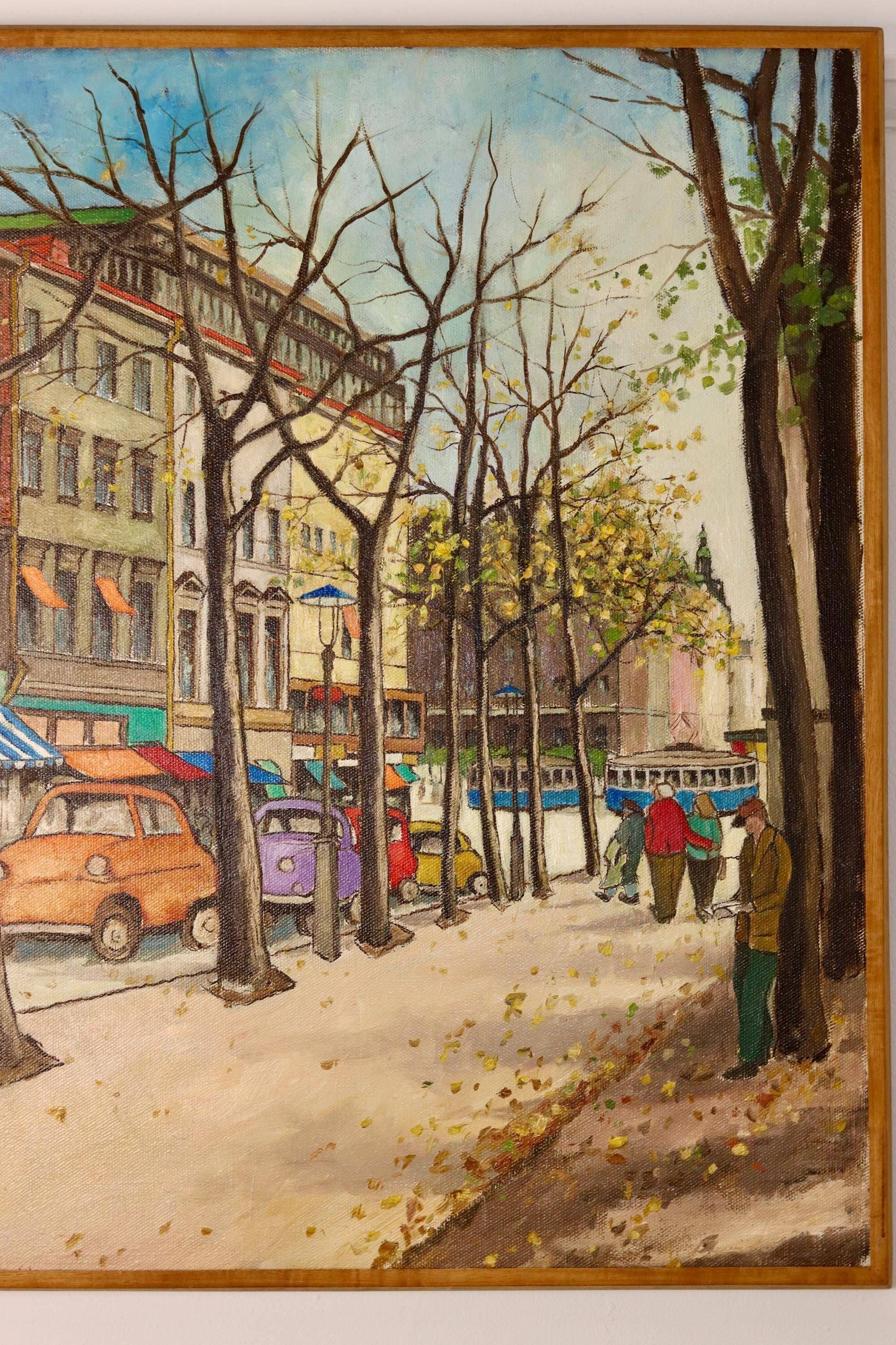 Vintage Large Modernist Original  Oil on Canvas" City Idyll" by - Vintage & Framed